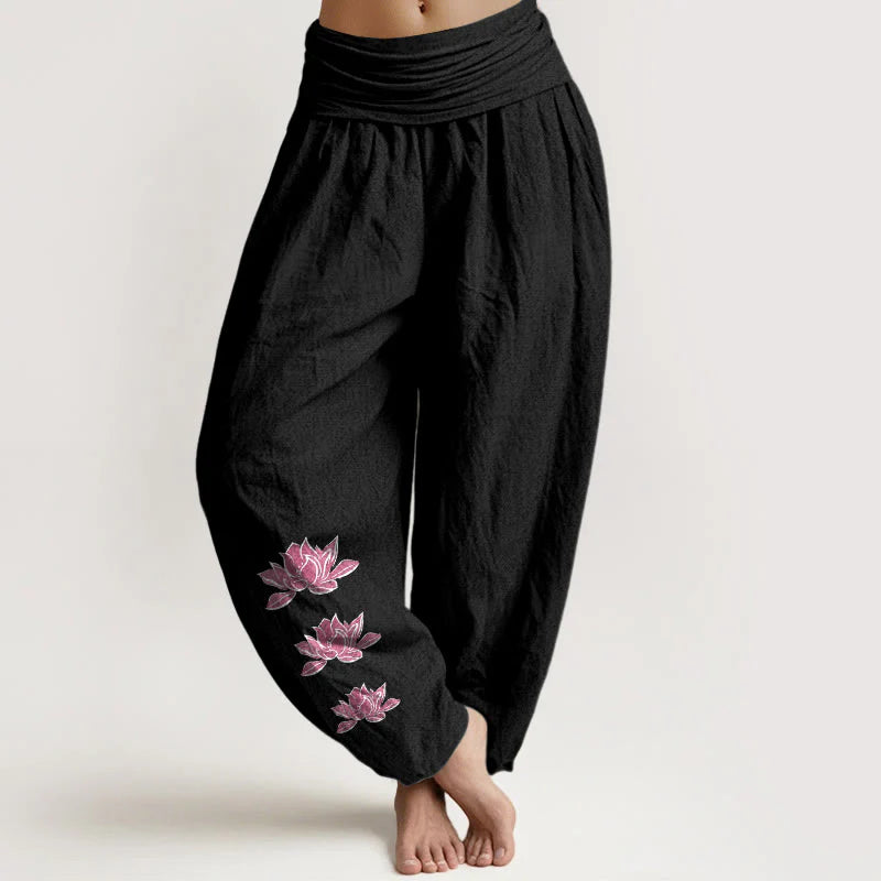 Buddha Stones Casual Lotus Pattern Pure Cotton Women's Elastic Waist Harem Pants
