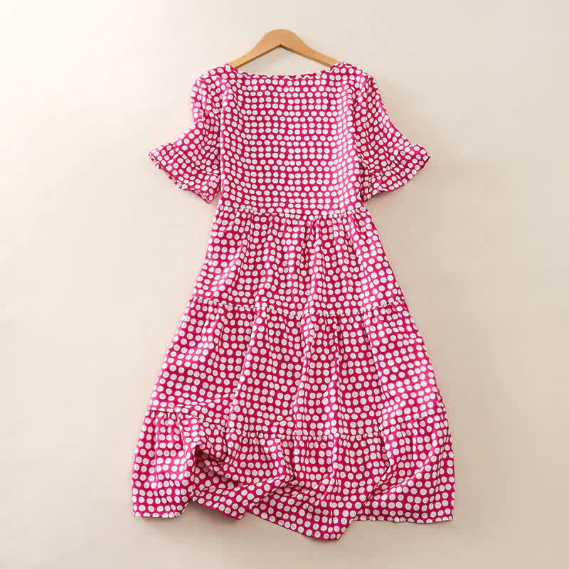 Buddha Stones Summer Elegant Polka Dot A Line Ruffle Hem Short Sleeve Knee Length Dress
