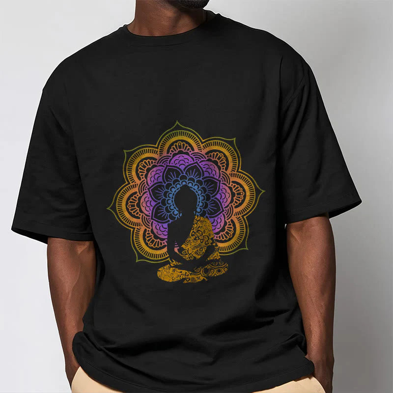 Buddha Stones Multicolor Mandala Flower Seated Buddha Pattern Tee T-shirt