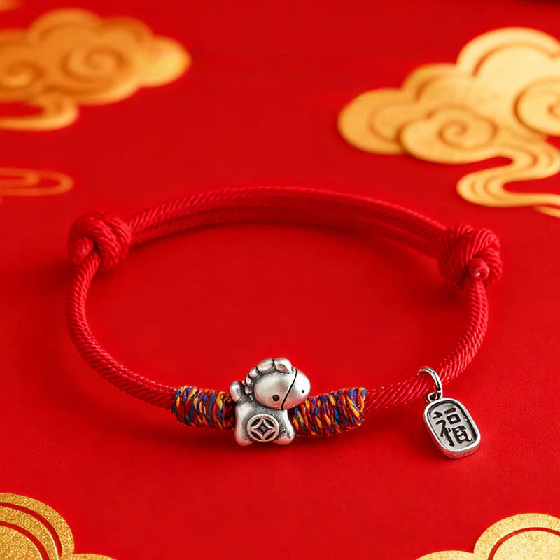 Buddha Stones 999 Sterling Silver Year Of The Horse Fu Character Attract Fortune String Rope Luck Bracelet