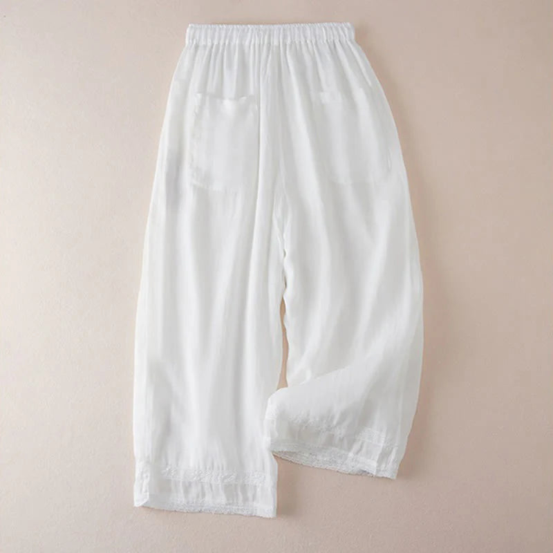 Buddha Stones Casual Lining Design Cotton Women's 7-8 Length Wide Leg Pants With Pockets