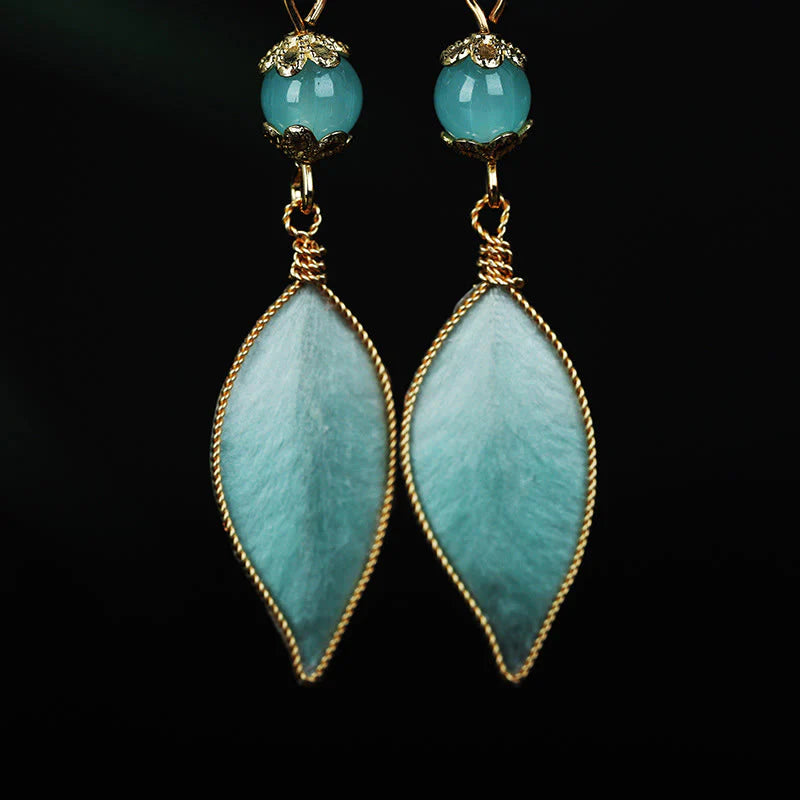 Buddha Stones Handmade Cyan Leaf Copper Plated Silver Hook Protection Drop Earrings