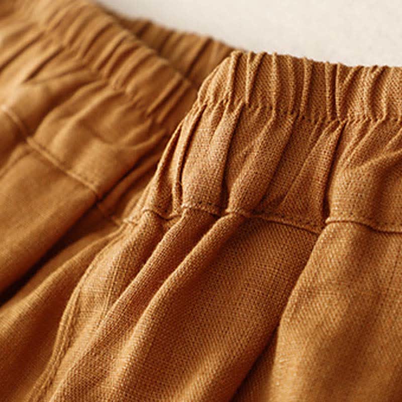 Buddha Stones Summer Plain Elastic Waist Two-tone Cuffs Cropped Women's Tapered Pants With Pockets