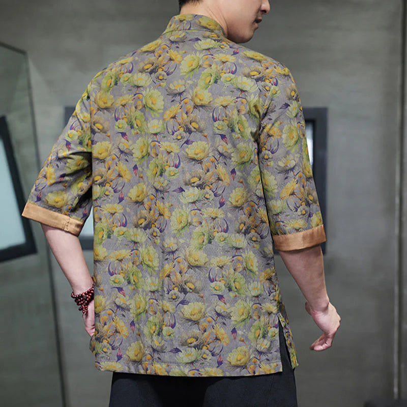 Buddha Stones Summer Colorful Floral Leaves Pattern Short Sleeve Frog-button Design Men's Cotton Shirt
