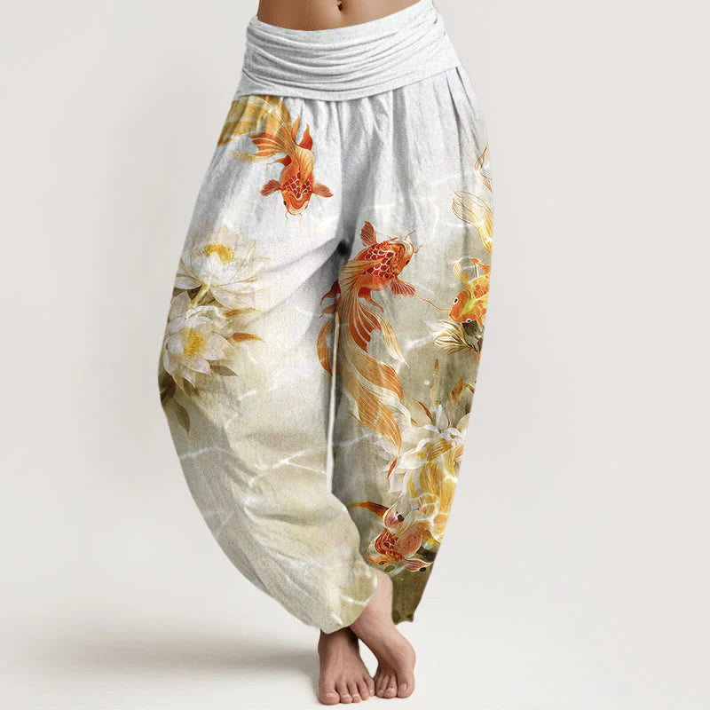Buddha Stones Pure Cotton Light-Colored Koi Fish Lotus Flower Pattern Women's Elastic Waist Harem Pants