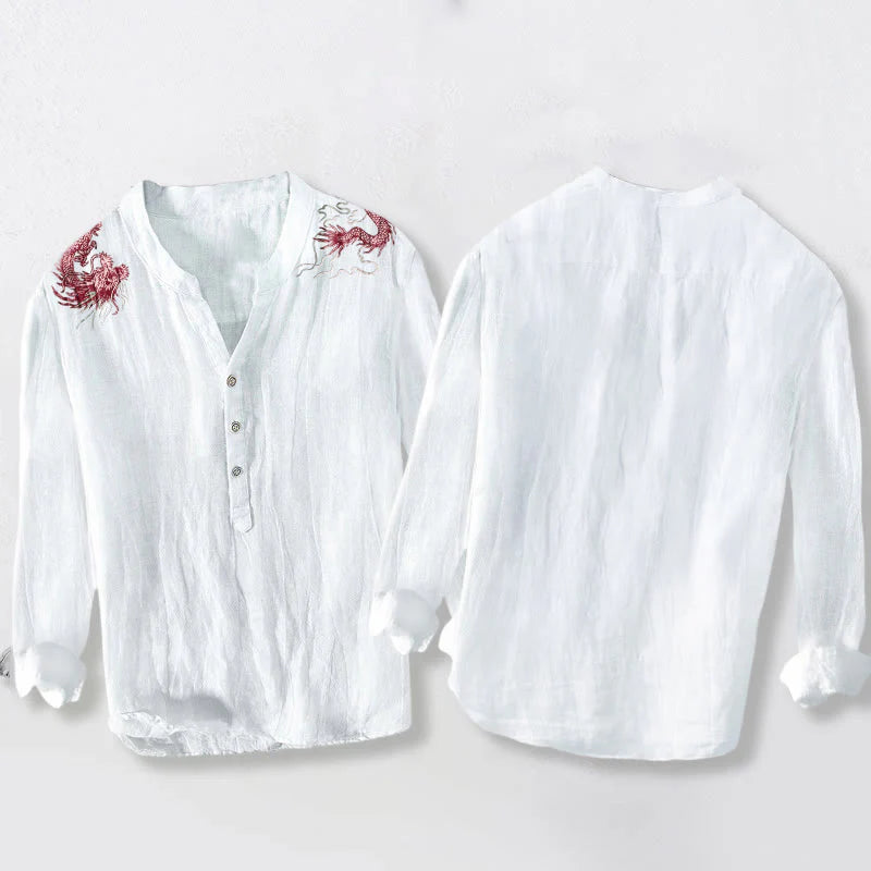 Buddha Stones Red Dragon Pattern Half Buttons Men's Cotton Linen Long Sleeve Shirt
