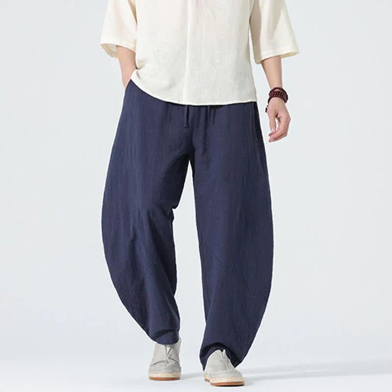 Buddha Stones Spring Pure Color Men's Cotton Drawstring Pants With Pockets