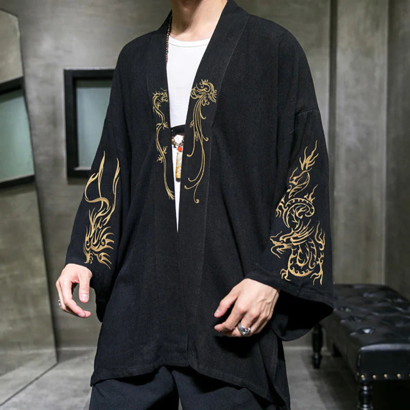 Buddha Stones Dragon Phoenix Open Front Long Sleeve Jacket Men's Cotton Kimono