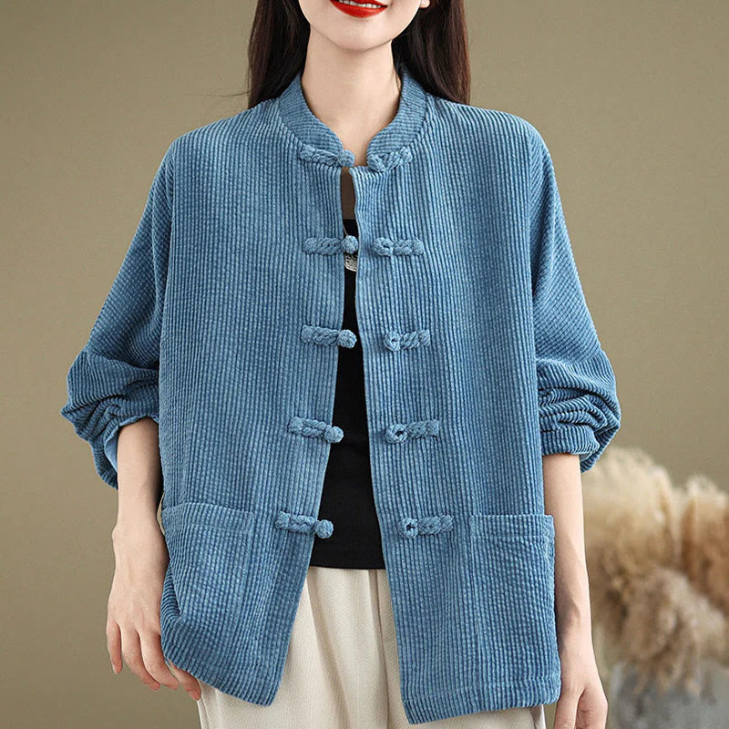 Buddha Stones Frog-button Stand Collar Women's Corduroy Jacket