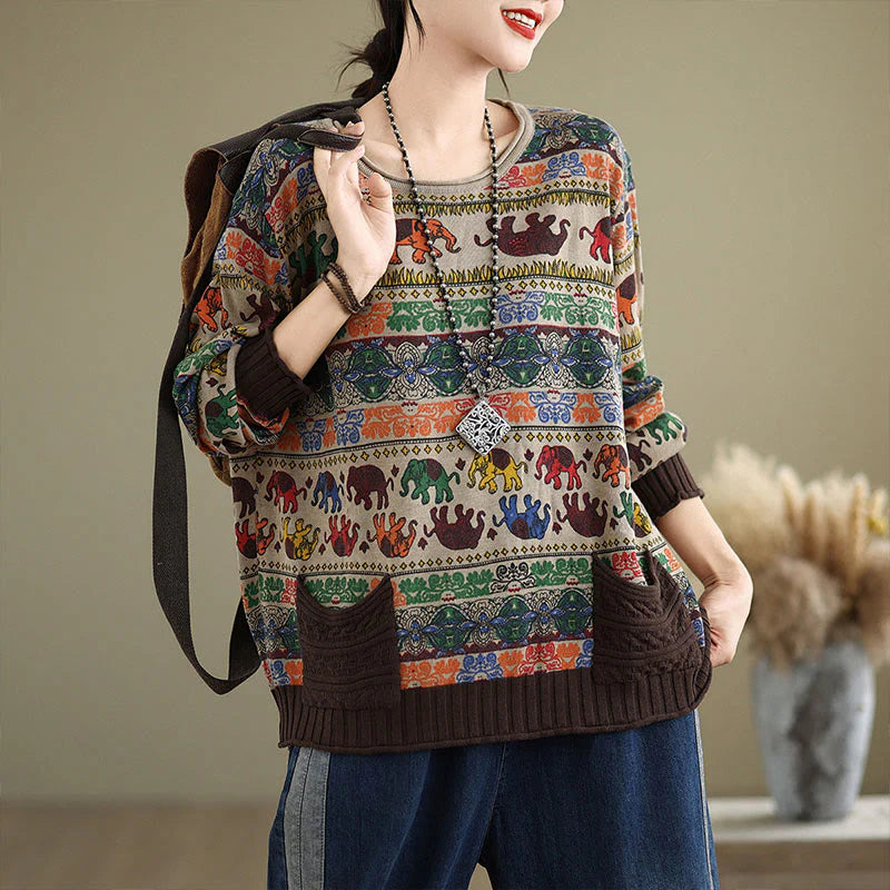 Buddha Stones Fall Elephant Pattern Knitted Cotton Women's Long Sleeve Sweater With Pockets