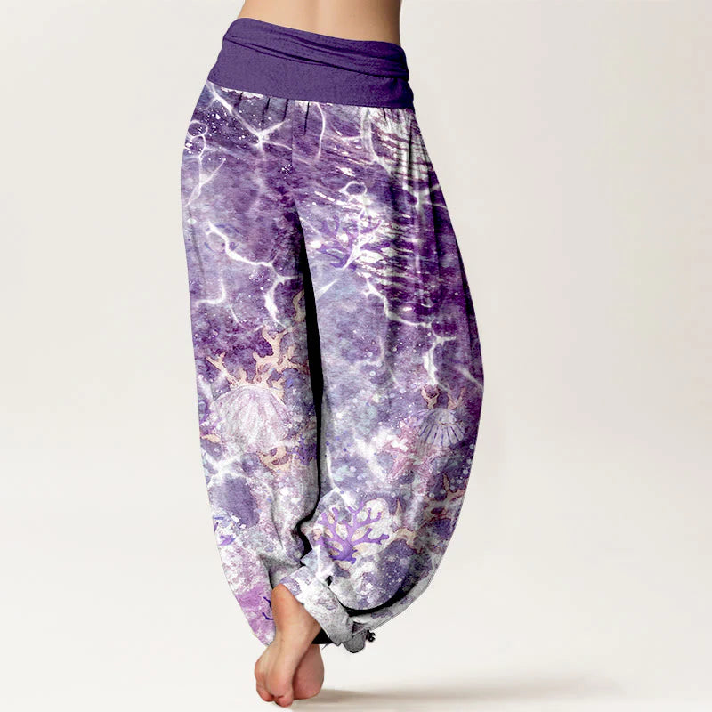 Buddha Stones Cotton Lively Ocean Seashells Coral Pattern Women's Elastic Waist Harem Pants