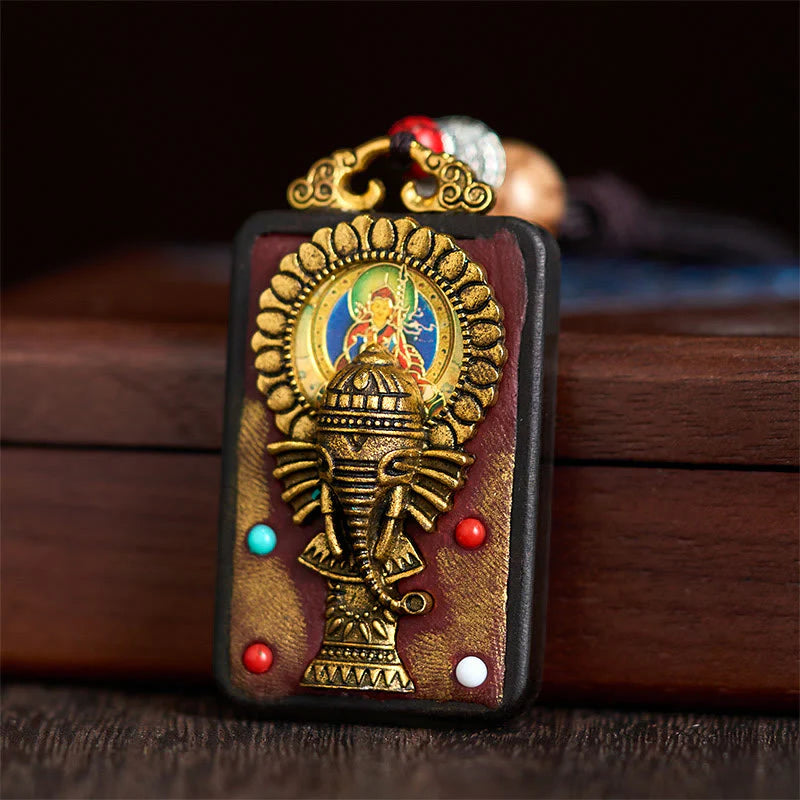 Buddha Stones Tibetan Ganesh Ganpati Elephant Ebony Wood Rope Peace Necklace Pendant