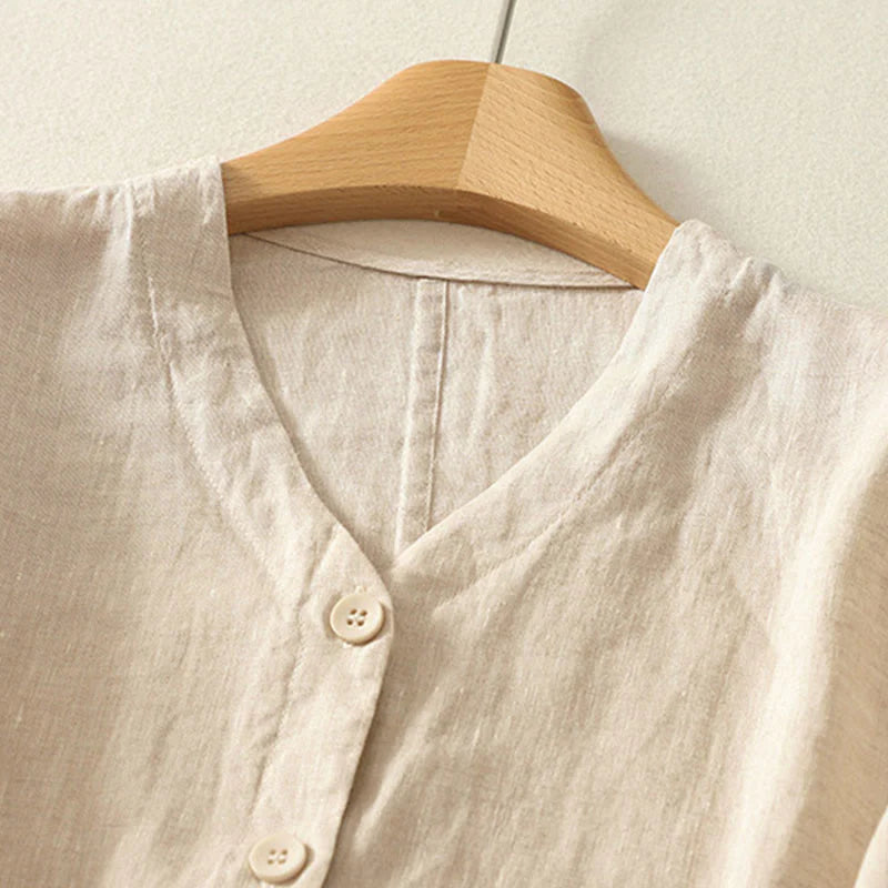 Buddha Stones Summer Solid Color V-Neck Buttons Simple Design Women's Short Sleeve Shirt