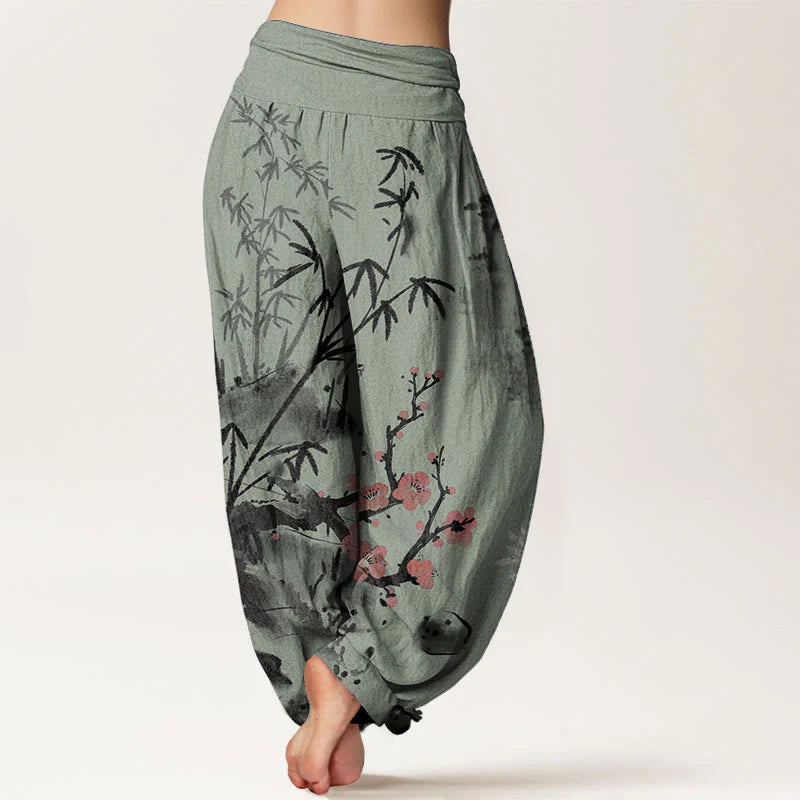 Buddha Stones Pure Cotton Plum Blossoms Bamboo Orchids Chrysanthemums Pattern Women's Elastic Waist Harem Pants