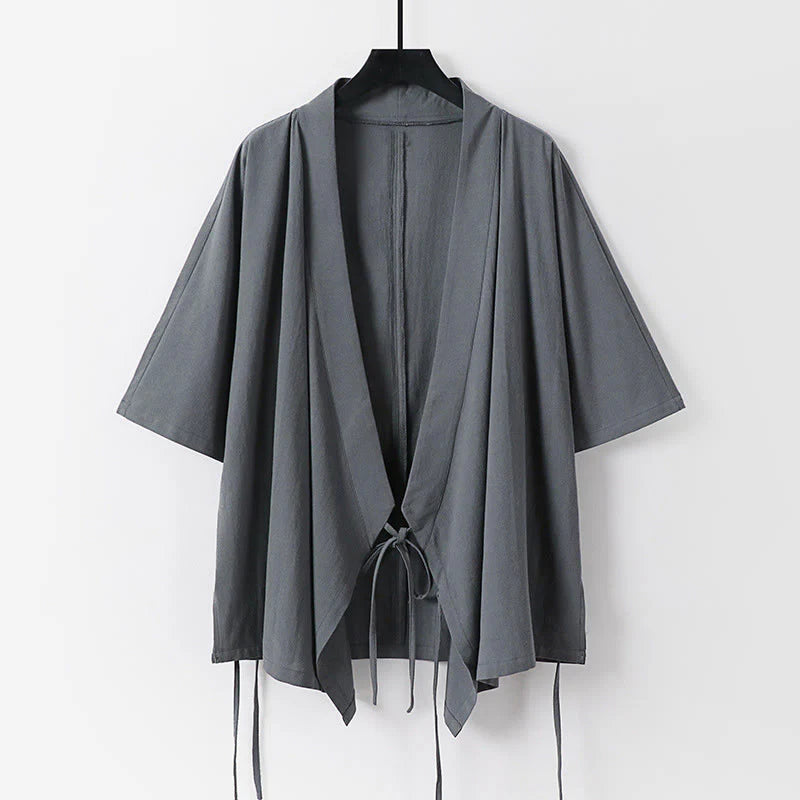Buddha Stones 2Pcs Fall Lace-up Three Quarter Sleeve Cotton Kimono Drawstring Pants With Pockets Men's Meditation Cloth Set
