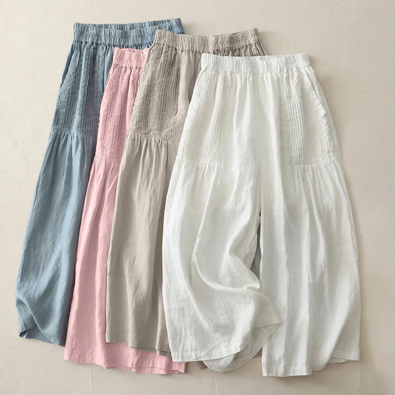 Buddha Stones Casual Plain Tucker Pleats Elastic Women's Polyester Wide Leg Pants With Pockets