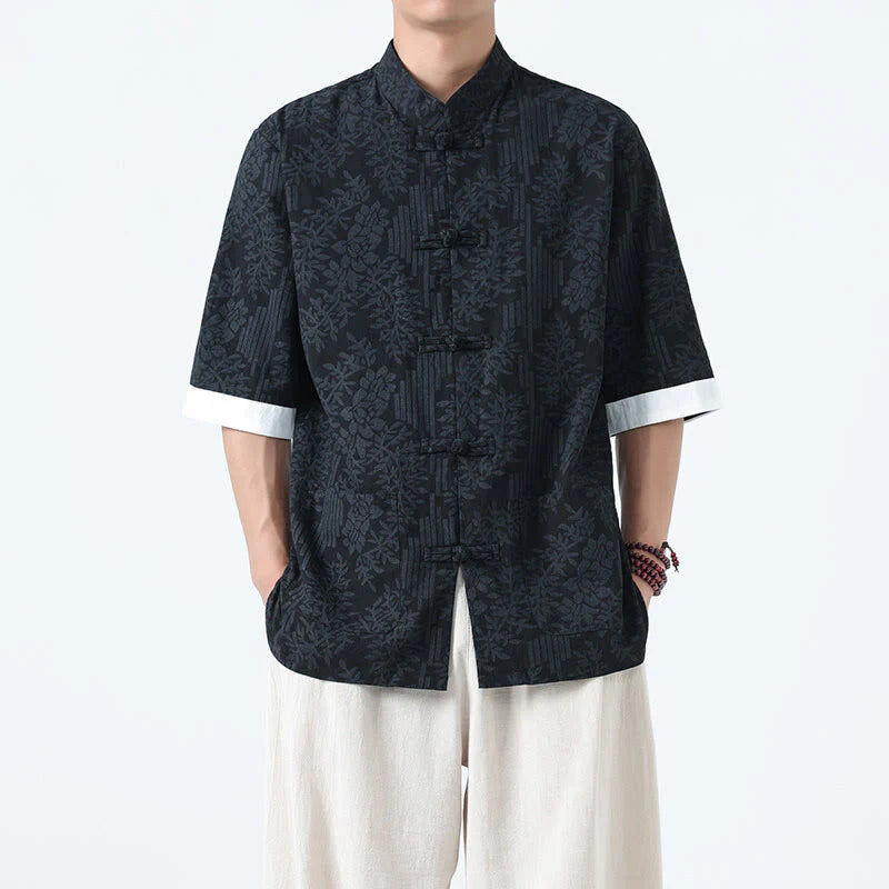 Buddha Stones Summer Flowers Grass Pattern Tang Suit Men's Frog-Button Half Sleeve Cotton Shirt With Pockets