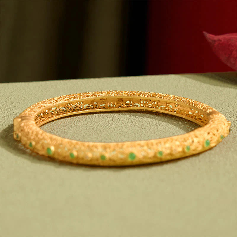 Buddha Stones Hollow Filigree Design Copper Plated Gold Wealth Bracelet Bangle