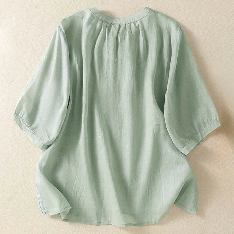 Buddha Stones Summer Embroidery Flower Lace-up Design Notched Collar Women's Short Sleeve Shirt