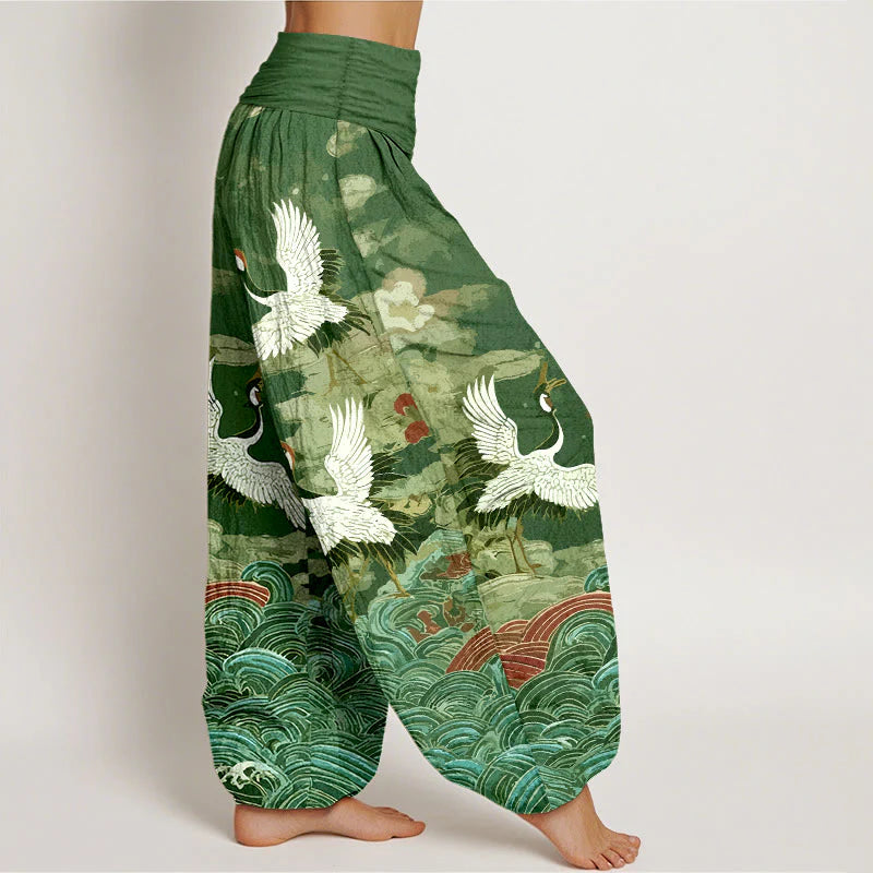 Buddha Stones Cotton Classic Crane Waves Cloud Pattern Women's Elastic Waist Harem Pants