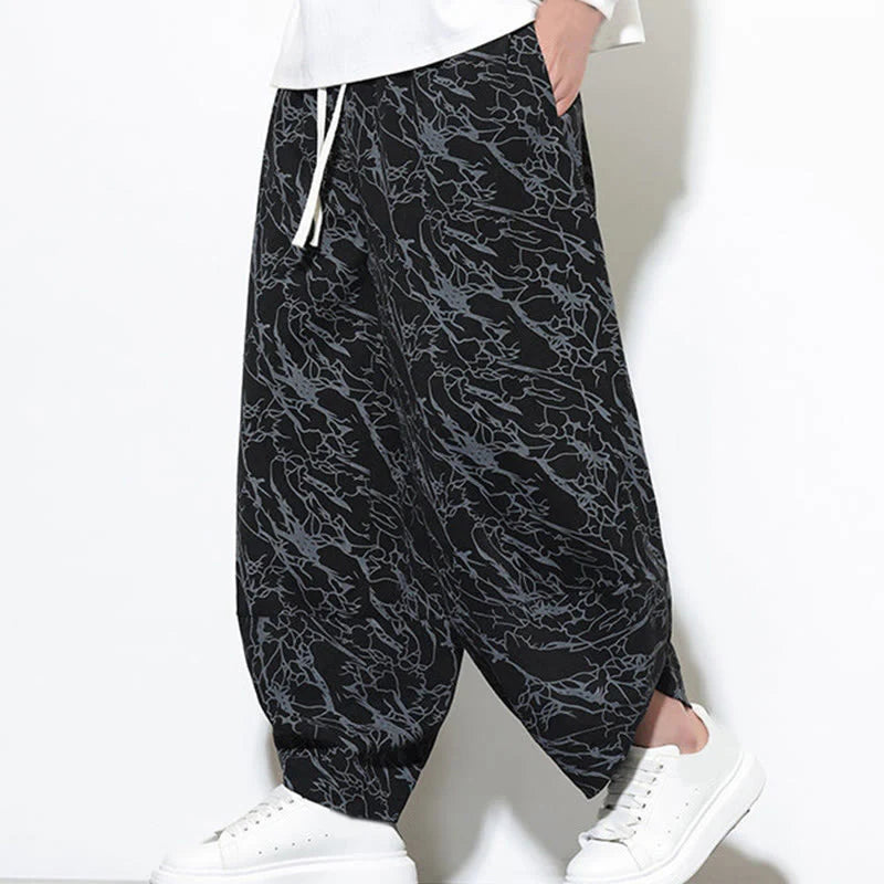 Buddha Stones Fall Textured Lines Print Cotton Elastic Waist Ankle-Length Men's Harem Pants With Pockets
