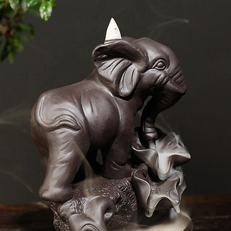 Buddha Stones Tibetan Elephant Purple Clay Backflow Smoke Fountain Peace Healing Incense Burner Decoration