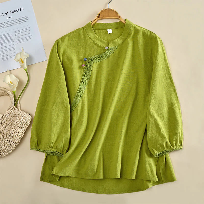 Buddha Stones Plain Crew Neck Frog-Button Long Sleeve Women's Cotton Shirt