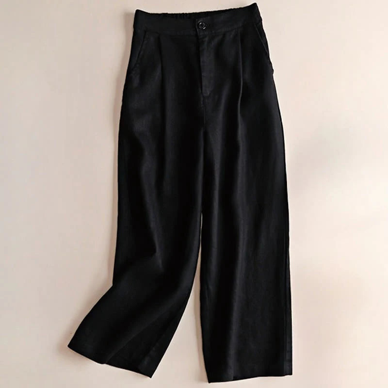 Buddha Stones Commute Solid Color 7-8 Length Cotton Linen Women's Wide Leg Pants With Pockets