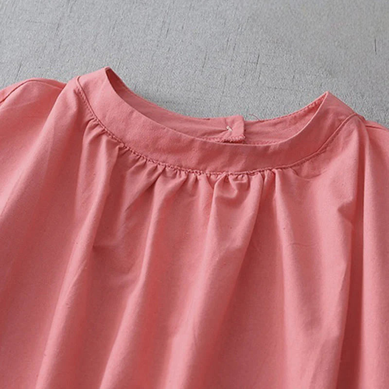 Buddha Stones Casual Pure Color Back Buttons Design Crew Neck Short Sleeve Cotton Linen Midi Dress With Pockets