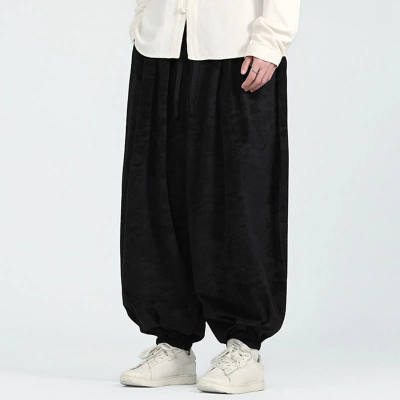 Buddha Stones Fall Plain Jacquard Design Drawstring Men's Harem Pants With Pockets