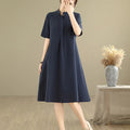 Buddha Stones Commute Plaid Pattern Simple Design Cotton Half Sleeve Midi Dress With Pockets