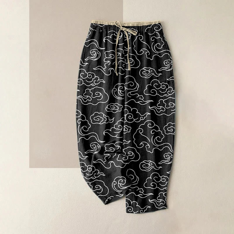 Buddha Stones Pure Cotton Casual Auspicious Cloud Pattern Women's Elastic Waist Pants With Pockets