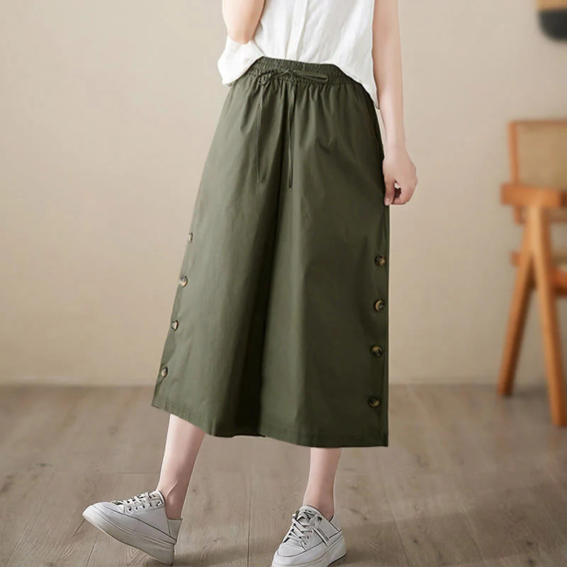 Buddha Stones Plain Buttoned Side Design Capri Cropped Women's Wide Leg Pants With Pockets