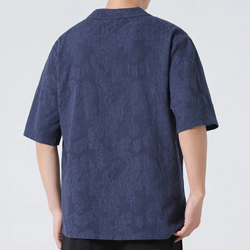 Buddha Stones Ethnic Distressed Jacquard Frog-Button Men's Stand Collar Half Sleeve Cotton Linen Shirt Tai Chi Clothes