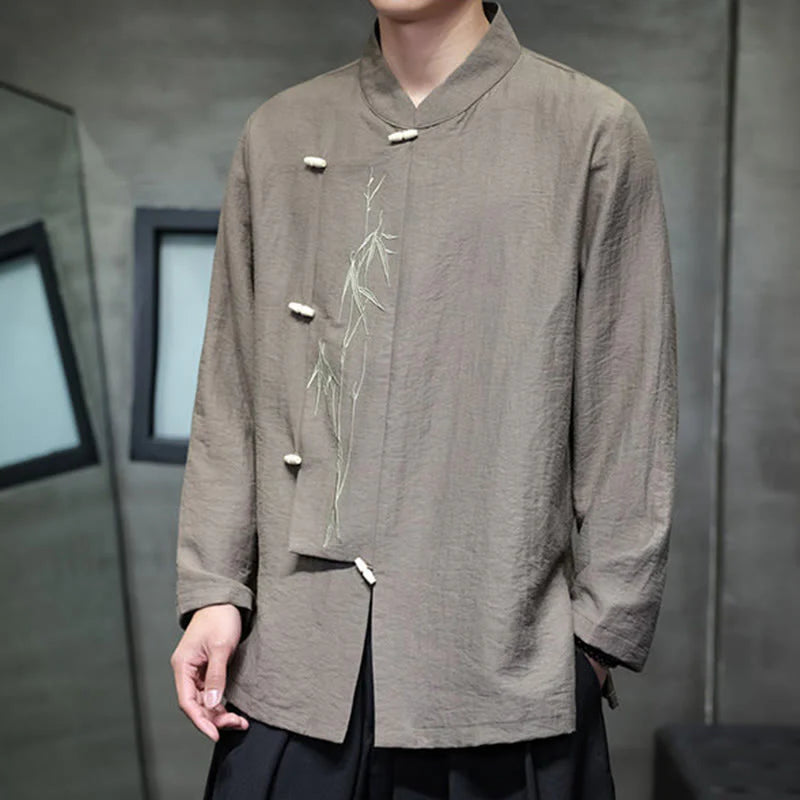 Buddha Stones Fall Solid Color Bamboo Leaf Embroidery Men's Long Sleeve Cotton Linen Shirt