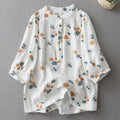 Buddha Stones Printed Half Button DesignThree Quarter Gathered Sleeve Women's Cotton Shirt