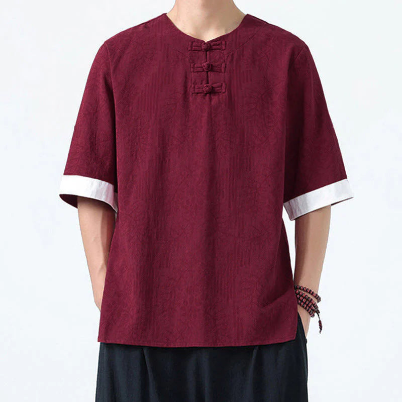 Buddha Stones Summer Flowers Grass Pattern Tang Suit Men's Frog-Button Half Sleeve Cotton Shirt