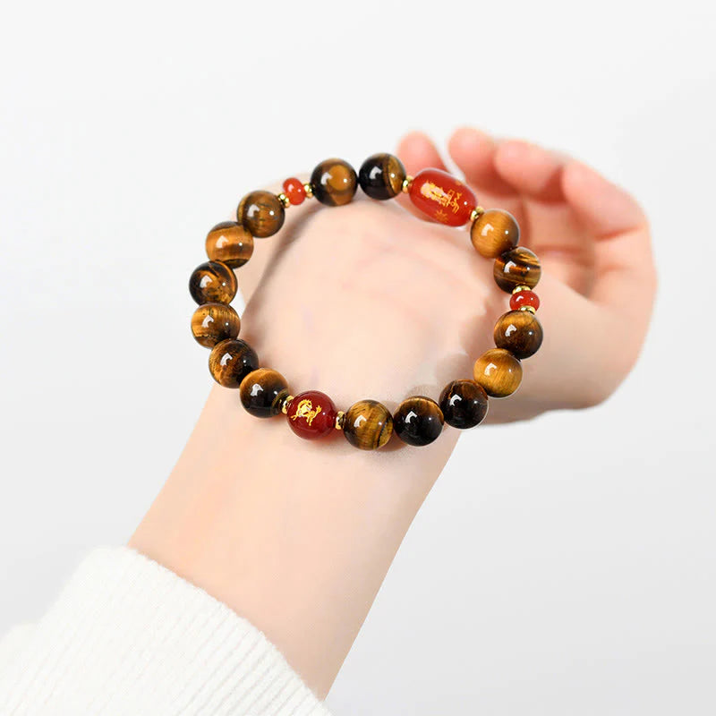 Buddha Stones 12 Chinese Zodiac Natural Tiger Eye Red Agate Protection Bracelet