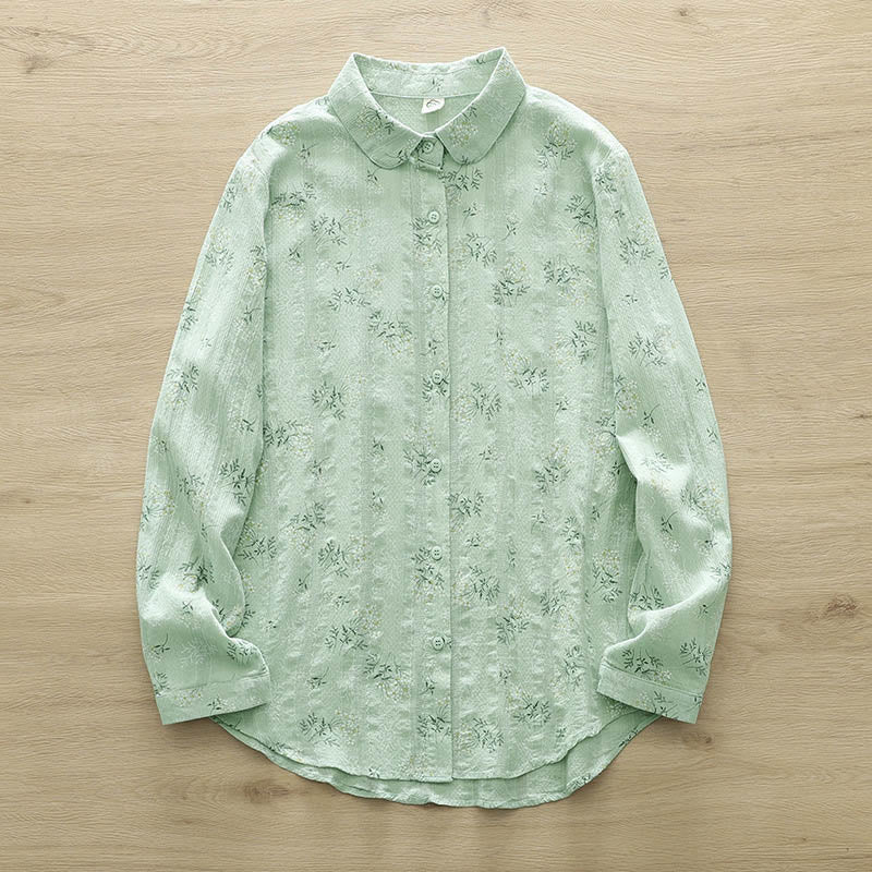 Buddha Stones Fall White Yellow Flowers Green Leaves Buttons Women's Cotton Long Sleeve Shirt