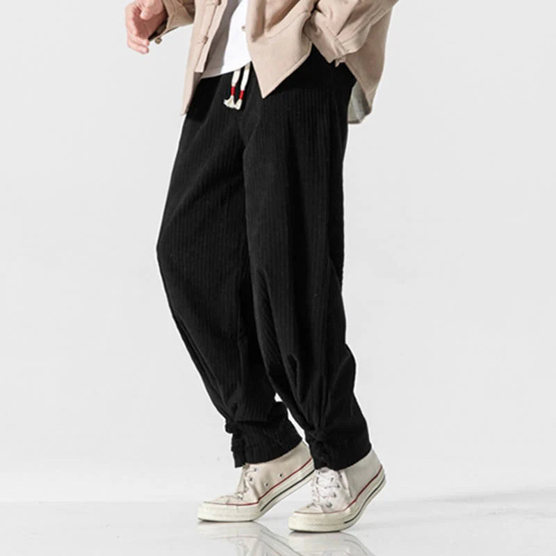Buddha Stones Fall Winter Men's Pure Color Button Design Cotton Straight Leg Pants With Pockets