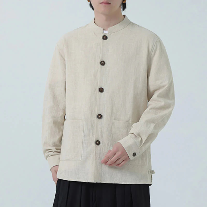 Buddha Stones Men's Button Ramie Linen Cotton Fleece Lined Jacket Shirt With Pockets