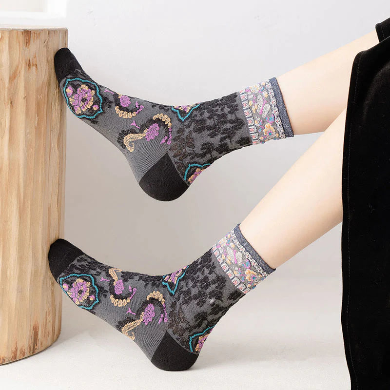 Buddha Stones Retro Embossed Floral Pattern Micro Crew Women Cotton Socks