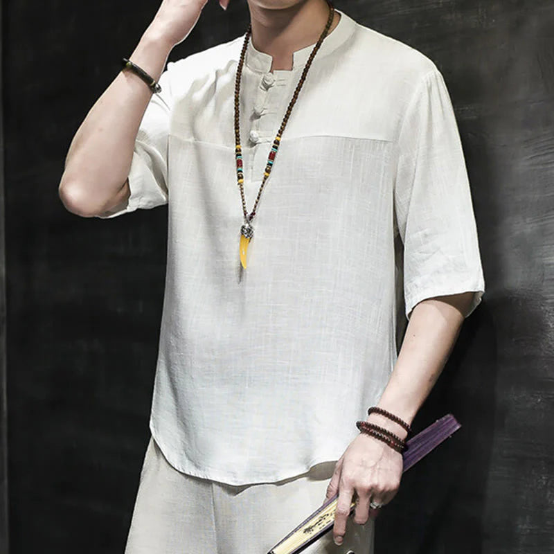 Buddha Stones Casual Vintage  Chinese Frog-Button Men's Half Sleeve Cotton Linen T-Shirt
