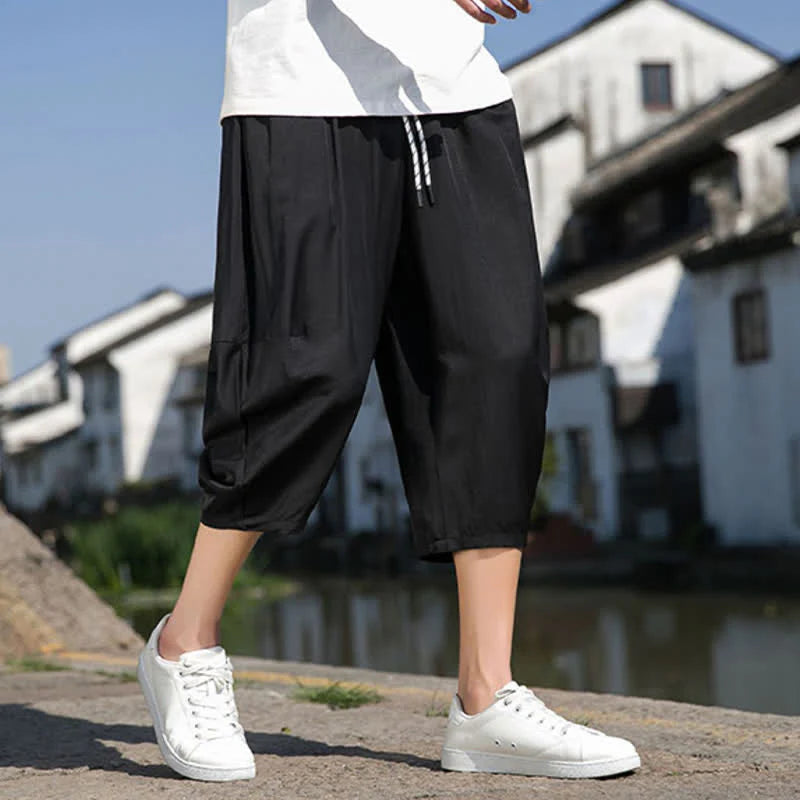 Buddha Stones Summer Elastic Waist Drawstring Solid Color Half Men's Tapered Pants With Pockets