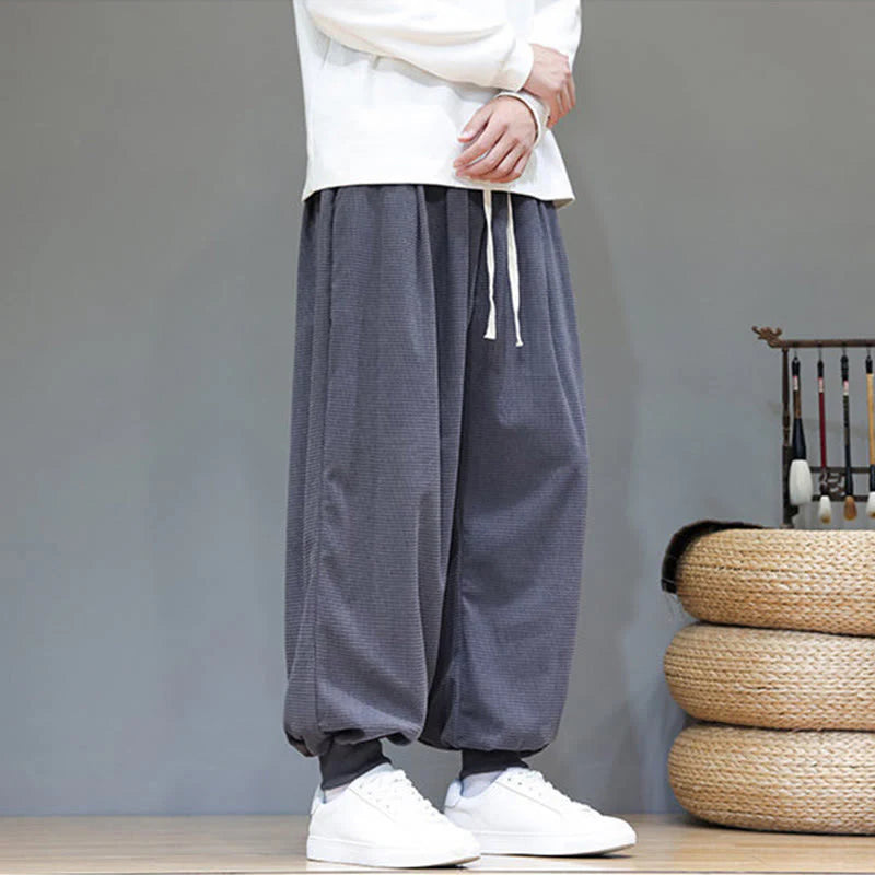 Buddha Stones Fall Plain Drawstring Simple Design Men's Harem Cotton Corduroy Pants With Pockets