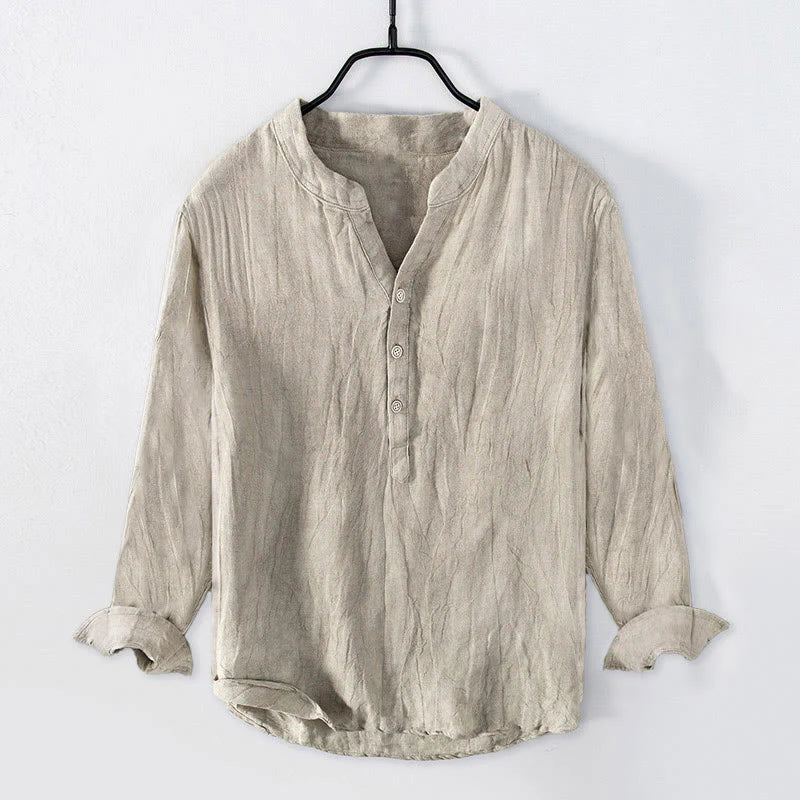 Buddha Stones Solid Color Long Sleeve Half Button Shirt Cotton Linen Men Clothing