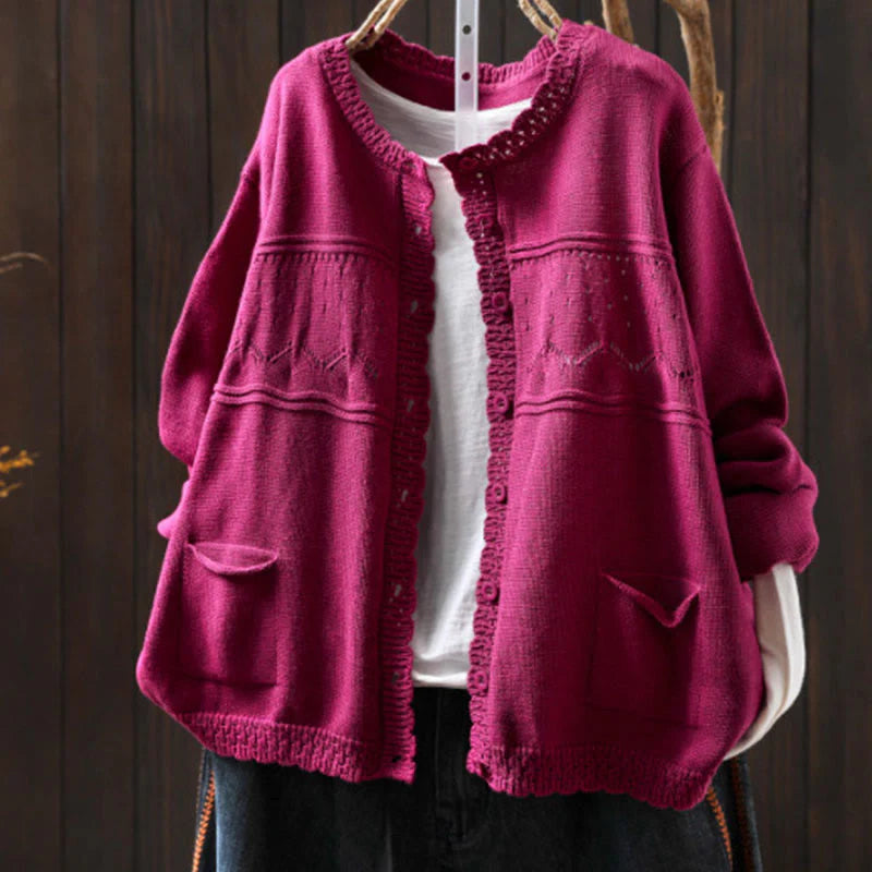Buddha Stones Fall Lace Buttons Cotton Women's Long Sleeve Knitted Cardigan Sweater With Pockets