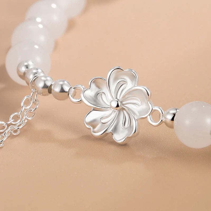 Buddha Stones White Jade Peach Blossom Petals Flower Luck Bracelet
