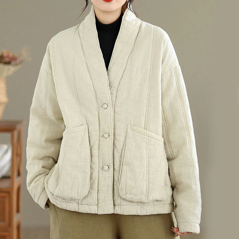 Buddha Stones Winter Solid Long Sleeve Cotton Women's Thermal Jacket With Pockets