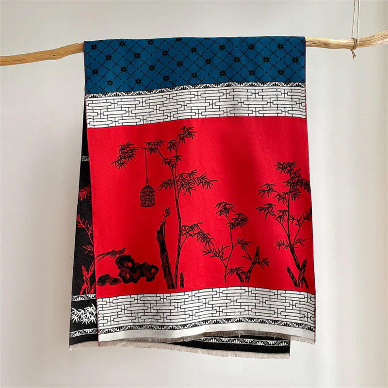 Buddha Stones Winter Bamboo Leaf Little Bird Pattern Cozy Scarf Shawl